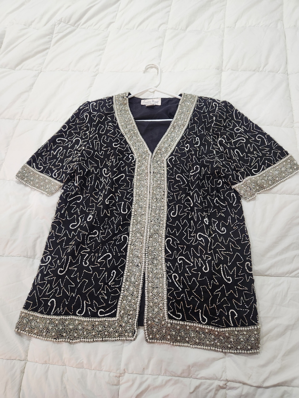 Laurence Kazar Beaded Pearls Evening Top 100% Silk Black White Size XL Tunic Vtg